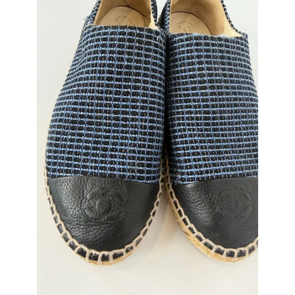 Chanel Blue Black Tweed CC Leather Cap Espadrille Flats